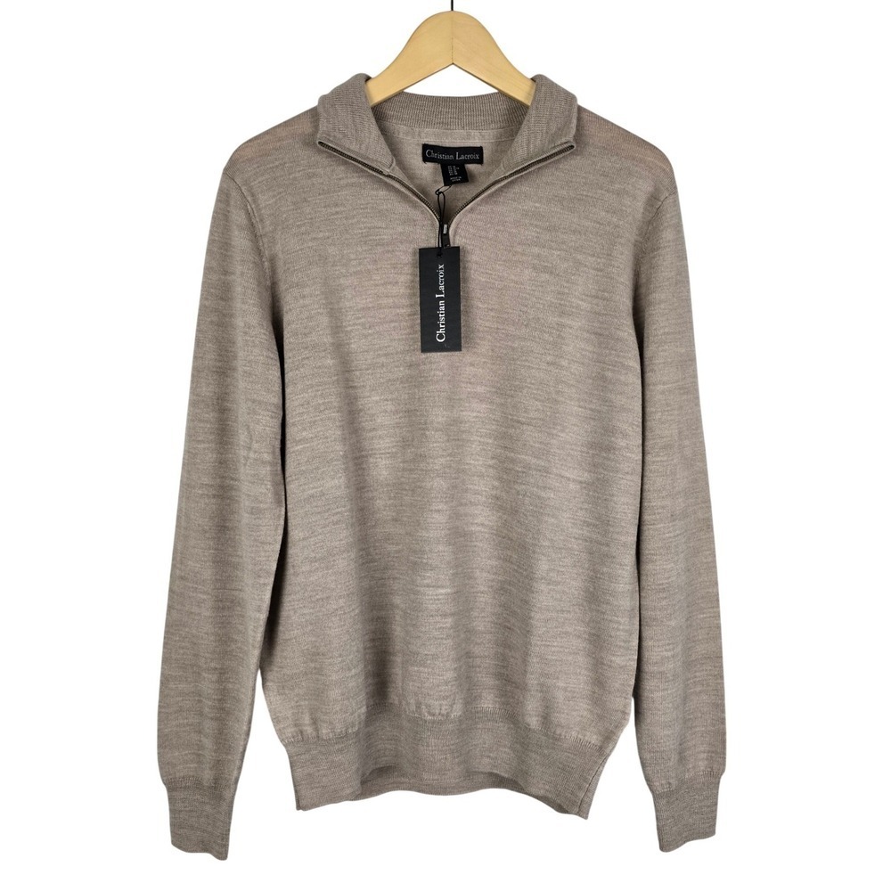 NWT Christian Lacroix Men's Beige Extra Fine Merino Wool 1/4 Zip Sweater Soft M